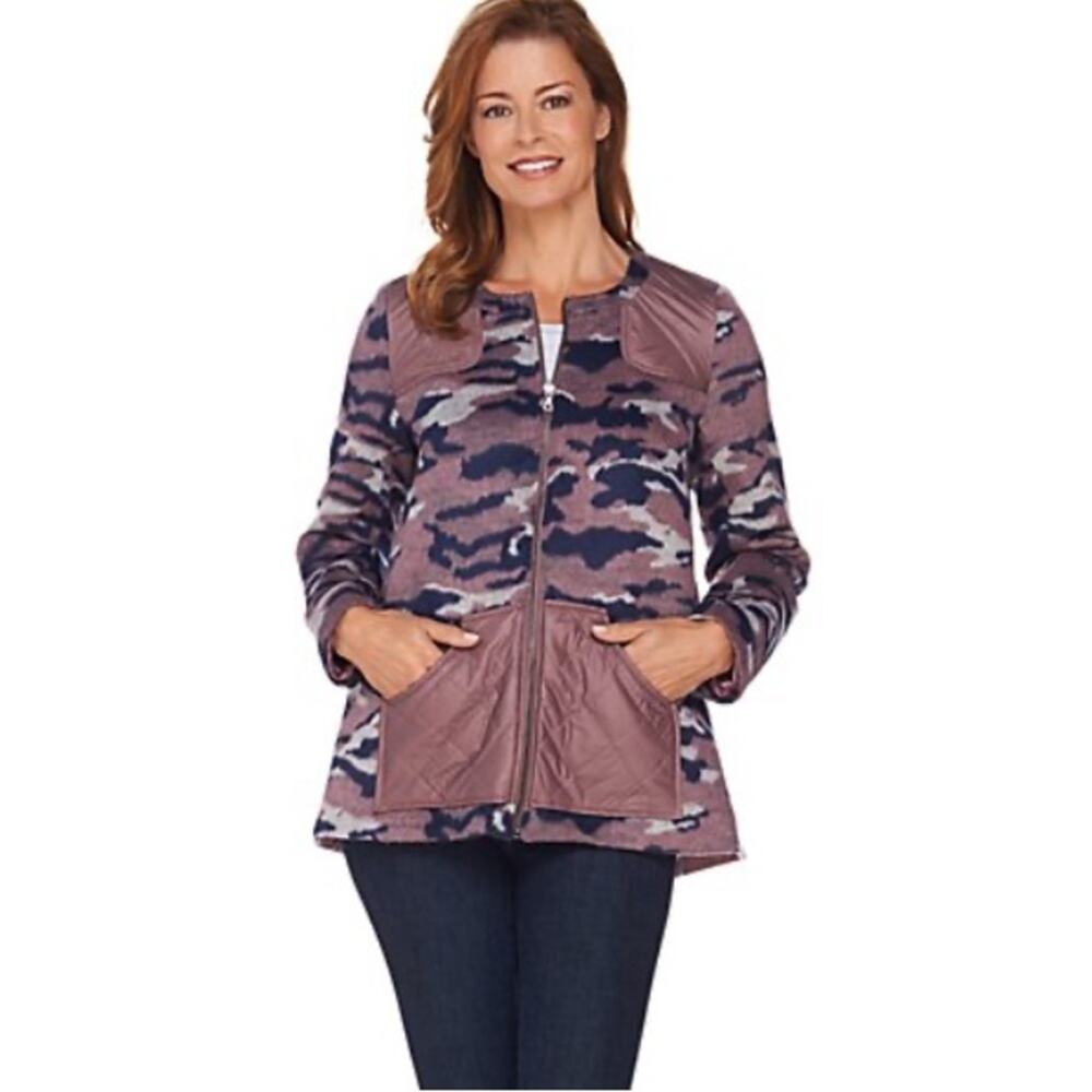 LOGO by Lori Goldstein Womens Brushed Camo Zip Front Jacket Size 12